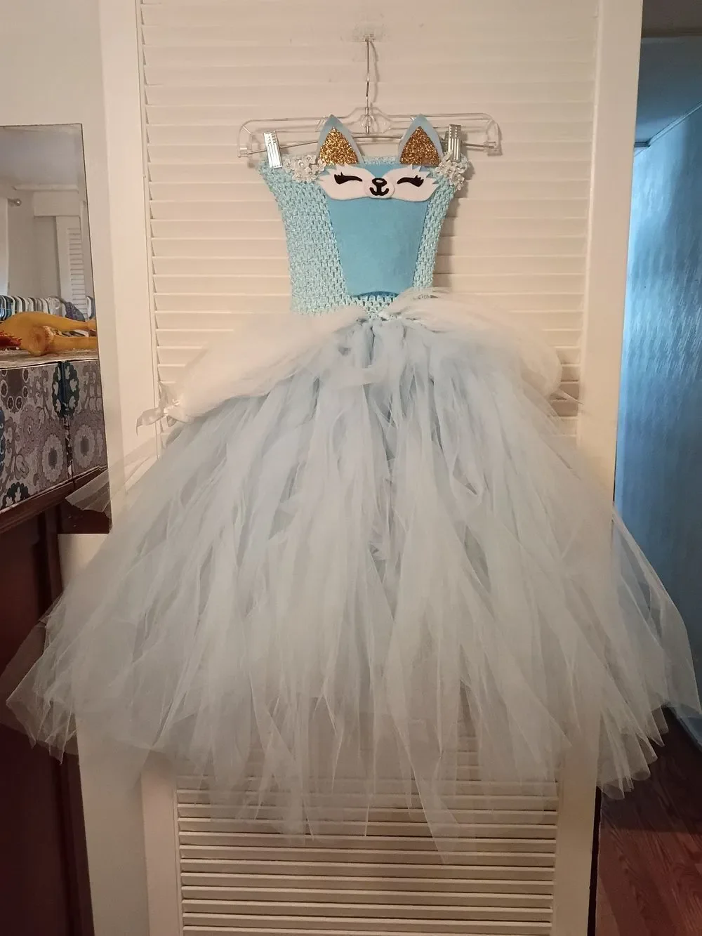 Light Blue Tulle Halter Dress with Playful Cartoon Appliqué Fox Princess
